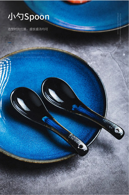 Japanese Blue Kiln Change Ceramic Tableware American Tableware Retro Household Dishes Set Rice Bowl Dishes Restaurant Plate.