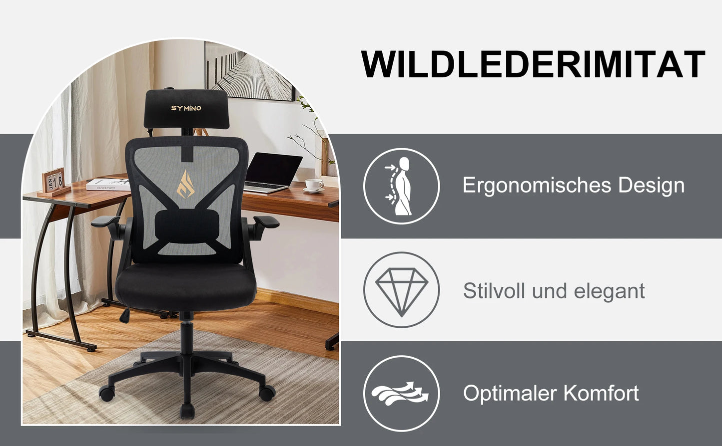 SYMINO Bürostuhl mit verstellbarer Kopfstütze, Armlehnen, Lordosenstütze, ergonomischer Bürostuhl, drehbarer Wippfunktion