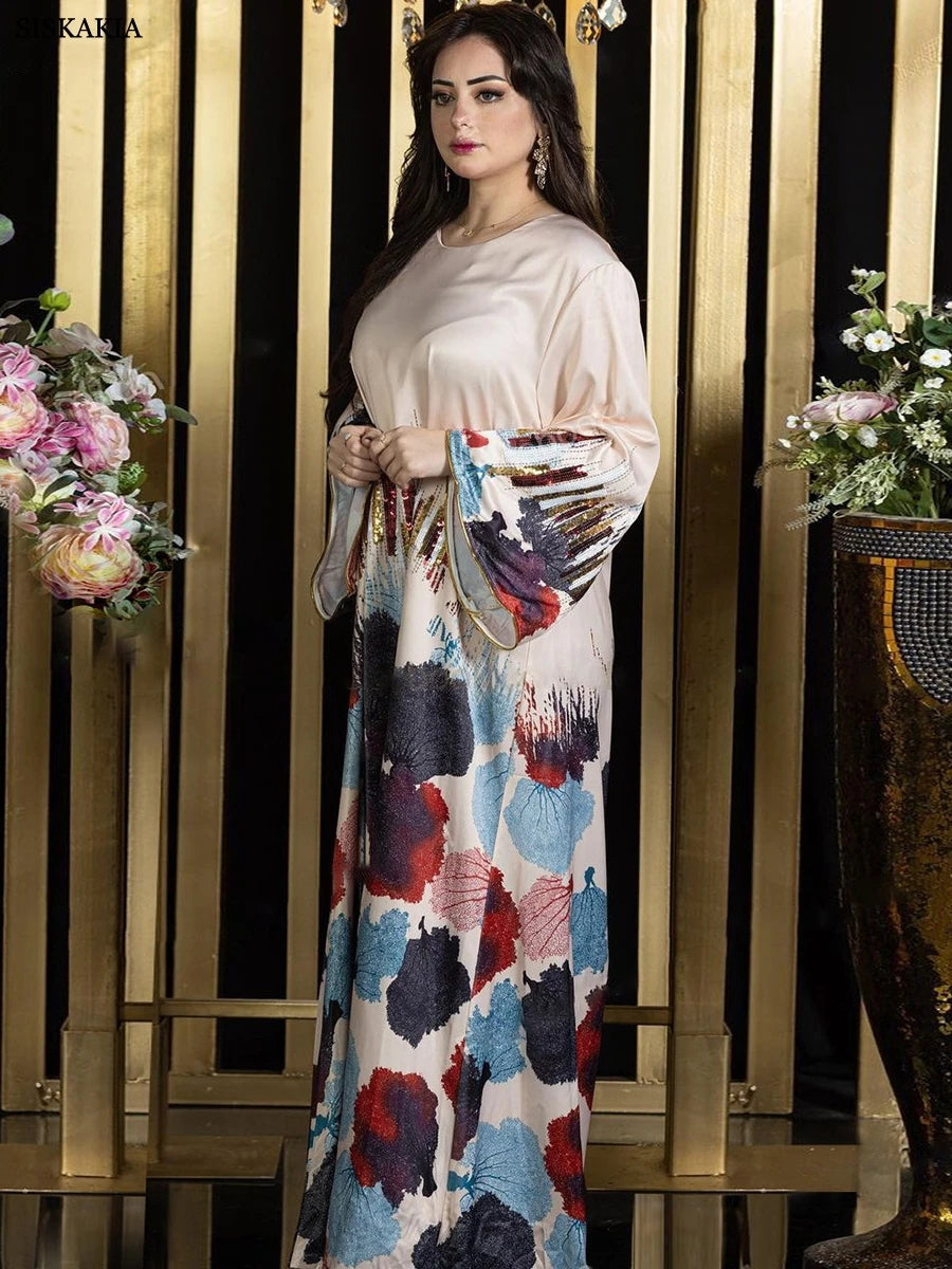 Siskakia Arab Saudi Printing Sequins Long Dresses Galabia Muslim Eid Women Abayas Islam Clothing Turkish African Kebaya 2024 New.