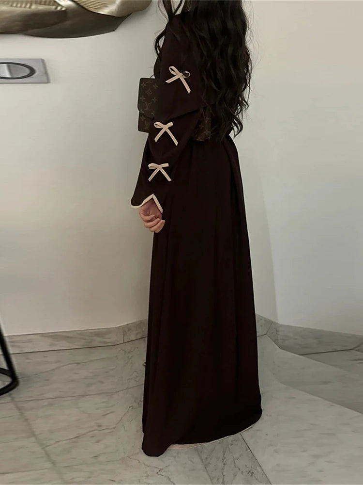 Ramadan Eid Open Modest Kimono Butterfly Bow Abaya Dubai Luxury Muslim Abayas for Women Islam Kebaya Caftan Robe Femme Musulmane.