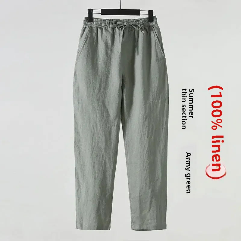 Casual Men's Linen Pants Loose Fit Cotton Linen 3/4 Length Pants Chinese Style Men's Material
