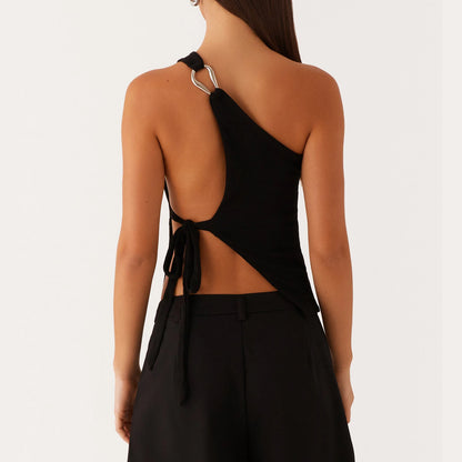 Women Summer One Shoulder Tank Tops Y2K Vintage Sleeveless Backless Tie-up Side Vest Coquette Aesthetic Crop Top Streetwear.