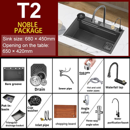 Large Single Slot Embossed Stainless Steel Waterfall Kitchen Sink  Household Wash basin Dishwashing  Sink For Kitchen