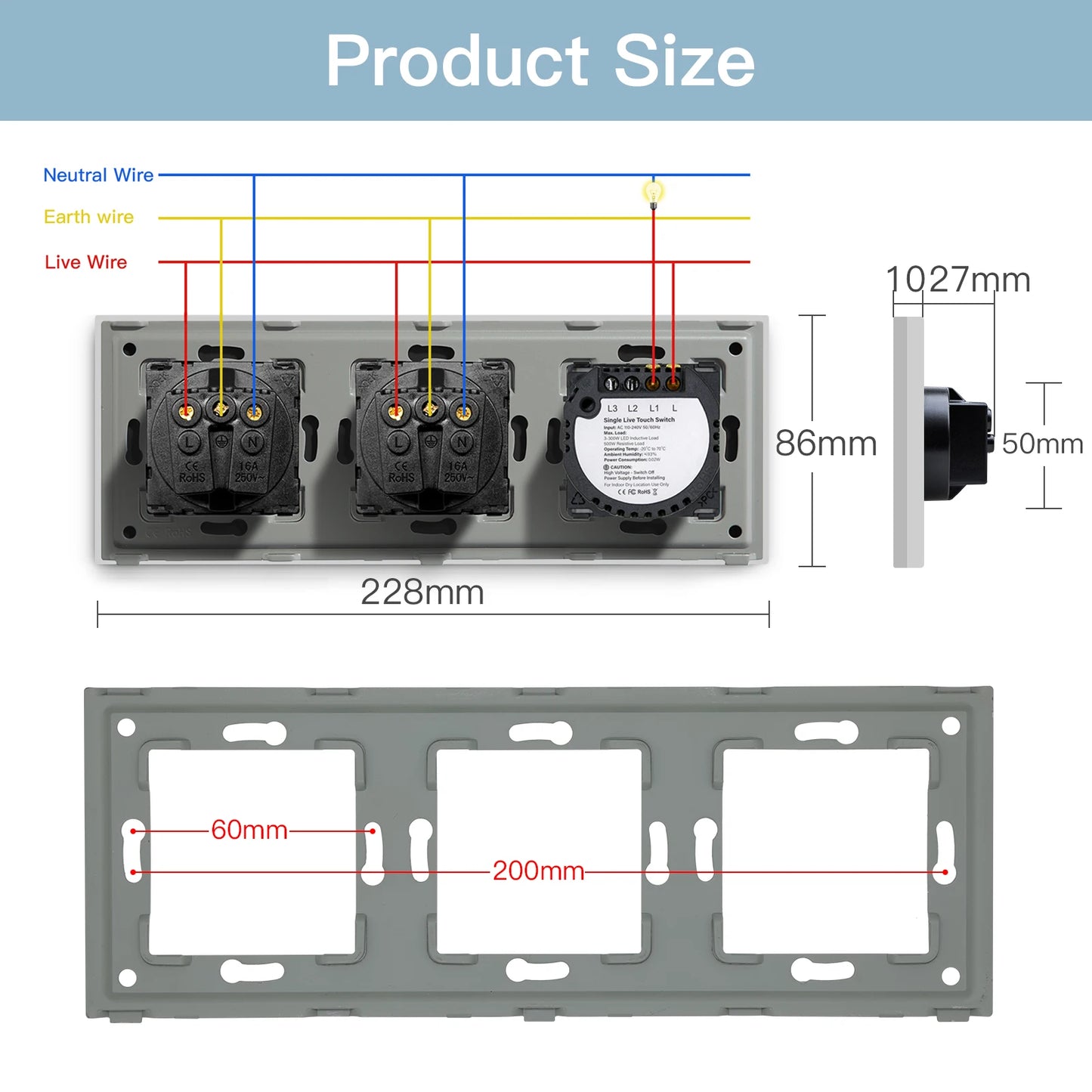 Bseed EU-Standard 1/2/3 Gang Licht-Touch-Schalter Home Wandschalter Graues Glas Sensorschalter Typ-C USB-Stromladebuchsen.