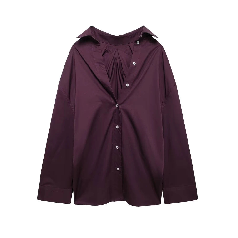 Oversized Pleated Back Shirts for Women, Long Sleeve, Button-up, Female Blouses, Chic Tops, Fashion.