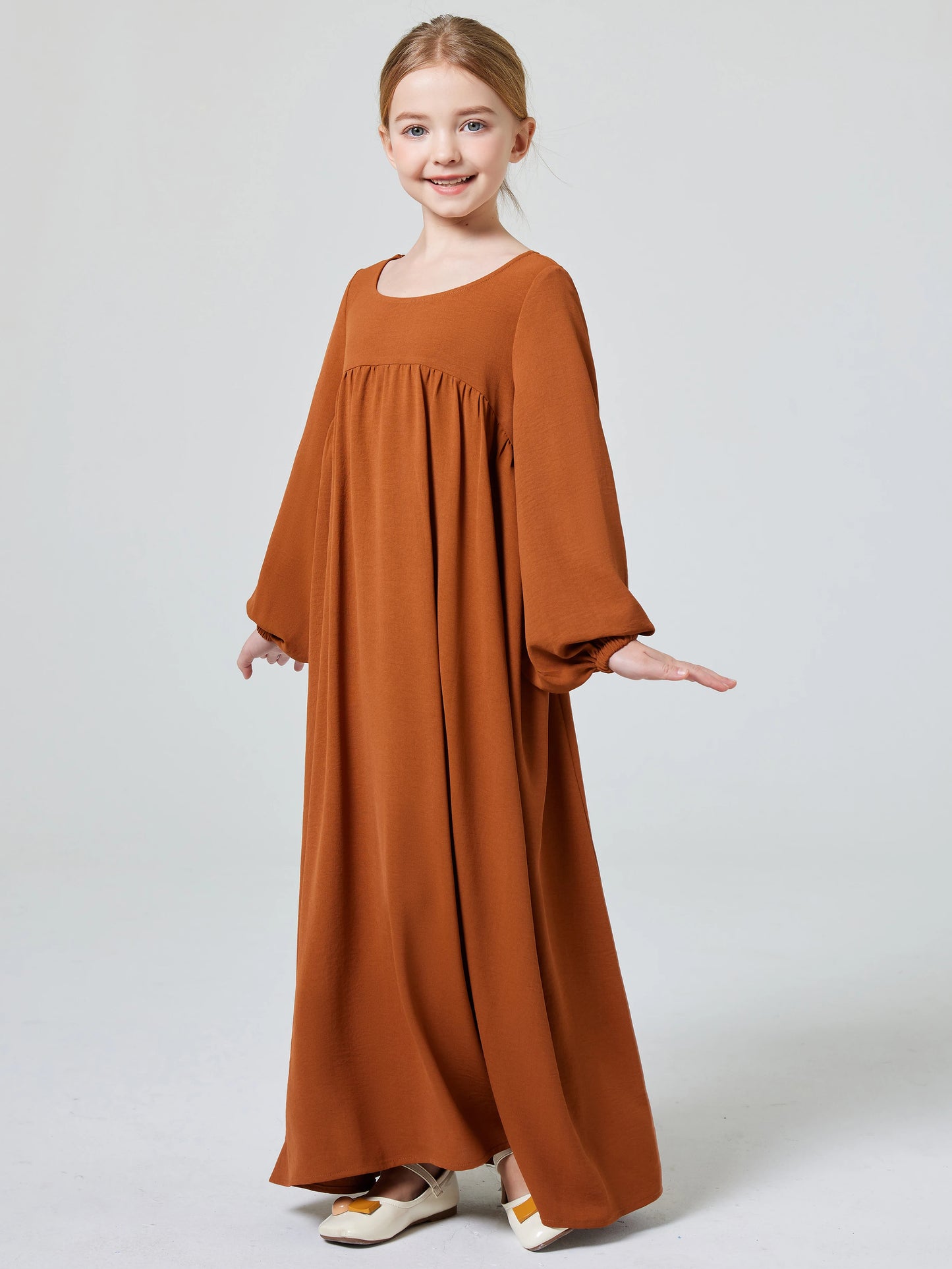 Kids Abaya Ramadan Muslim Dubai Elegant Girl's Solid Crew Neck Long Sleeve Kaftan Kebaya Dress For Party Pray Gift.