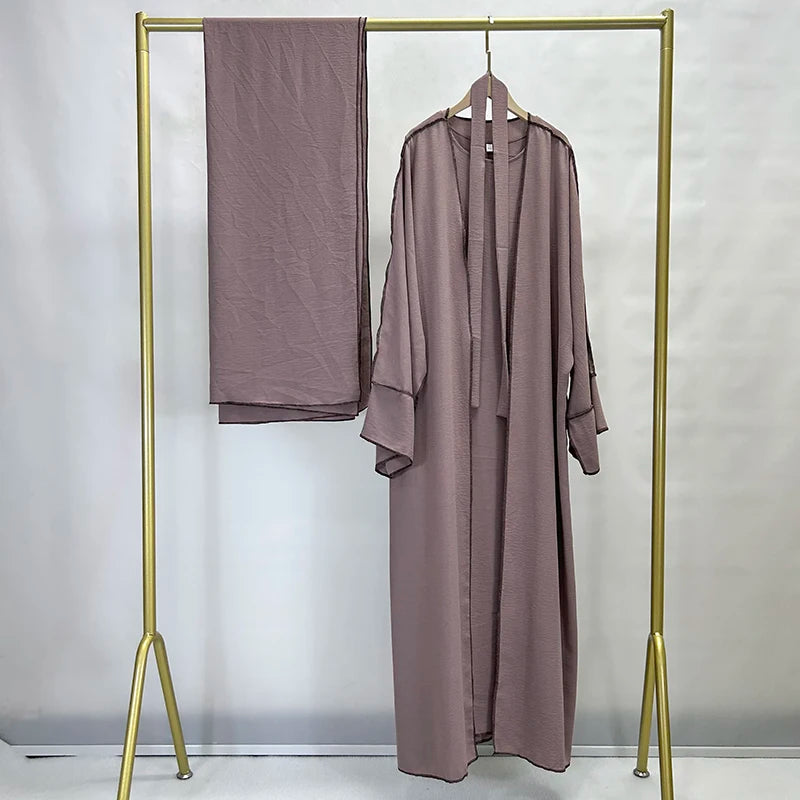Three Piece Abaya Set With Hijab Free Belt Jazz Crepe Kimono Sleeveless Under Dress EID Ramadan Muslim Women Islamic Clothing.