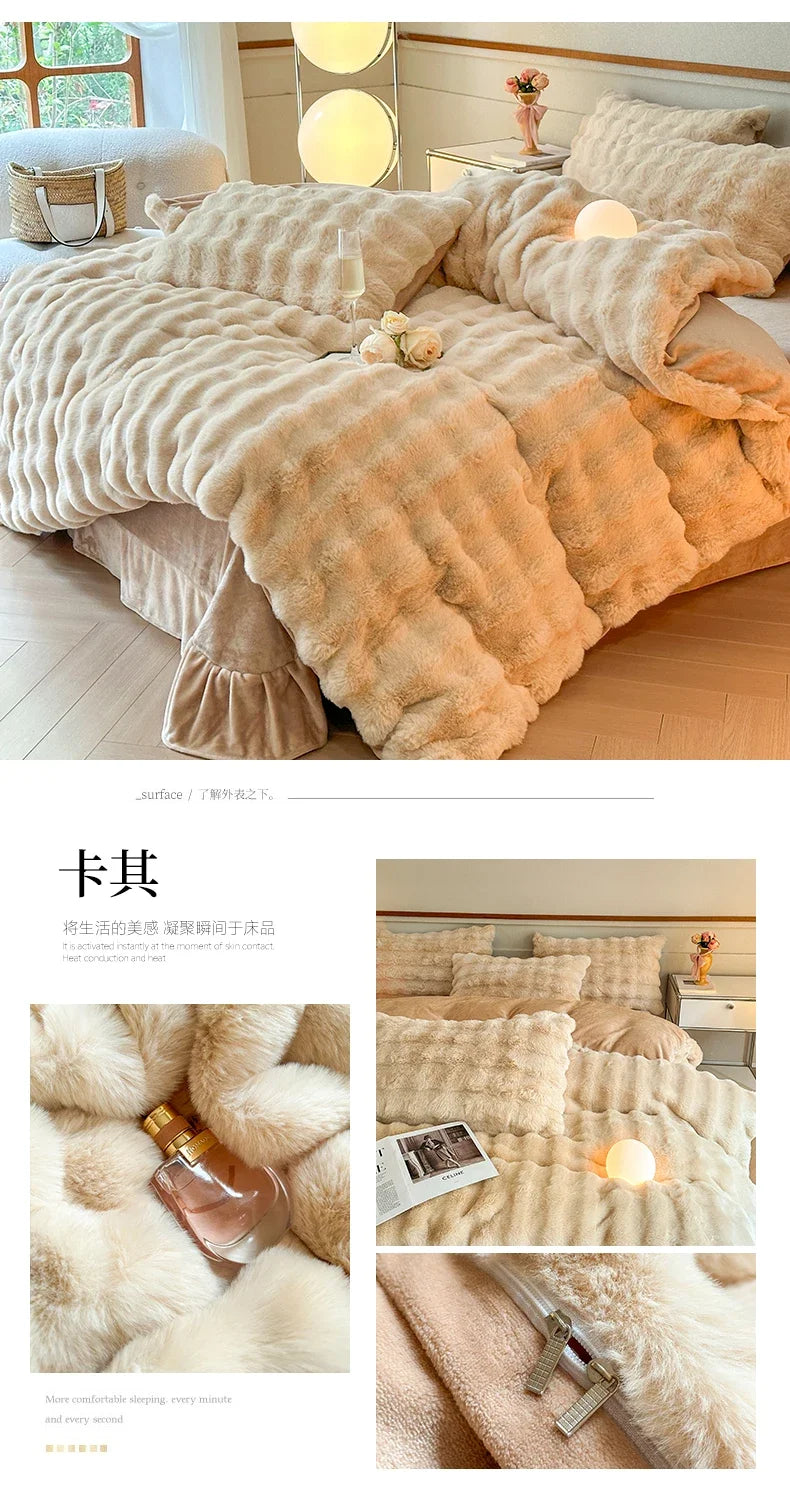 2024 new solid color colorful rabbit wool four-piece set, one side of rabbit fur and one side of milk wool thickened warm.