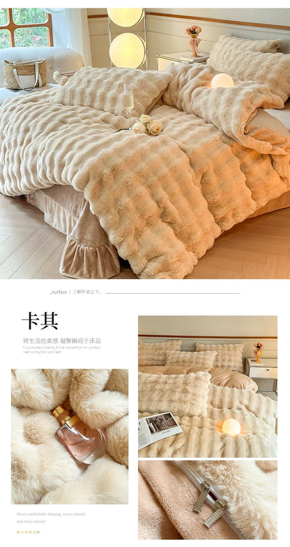 2024 new solid color colorful rabbit wool four-piece set, one side of rabbit fur and one side of milk wool thickened warm.