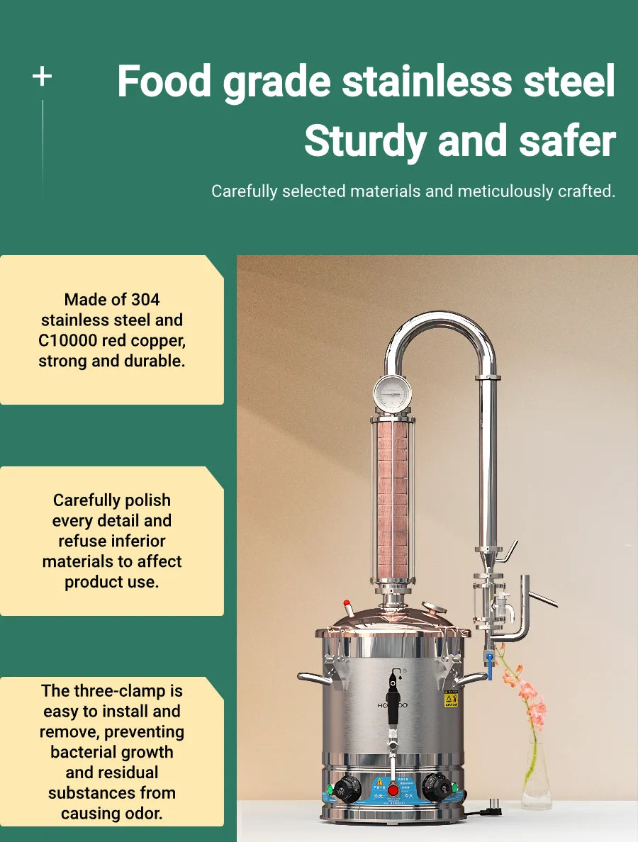 HOOLOO CT Distiller Electric Hydrolat Essential Oil Still Moonshine Still Copper lid Glass Copper Mesh Column Home Fragrance.
