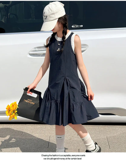 Neues Sommer-Mädchen-Prinzessinnenkleid für Kinder, ärmelloses Kleid mit Rüschen, Design-Kleider für Teenager, Kinder, lässiges Urlaubs-Strandkleid