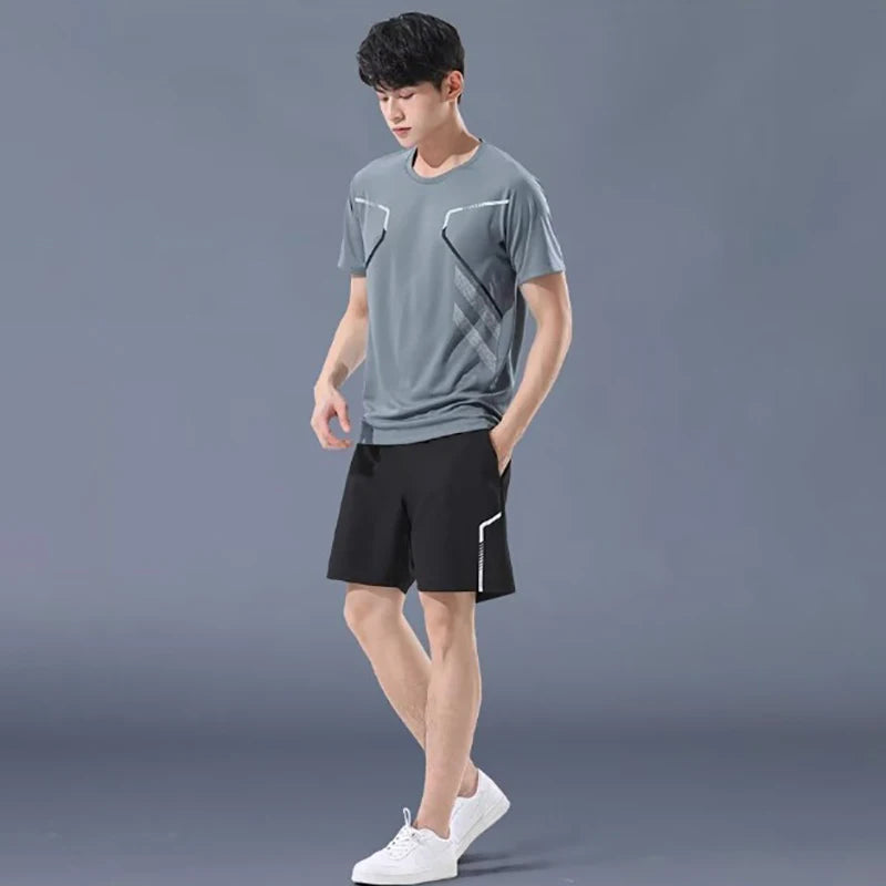 Plus Size Men's Quick-Drying Short-Sleeved Shorts Suit Sportswear Men's Leisure Sports Running Fitness T-Shirt Shorts Set men.