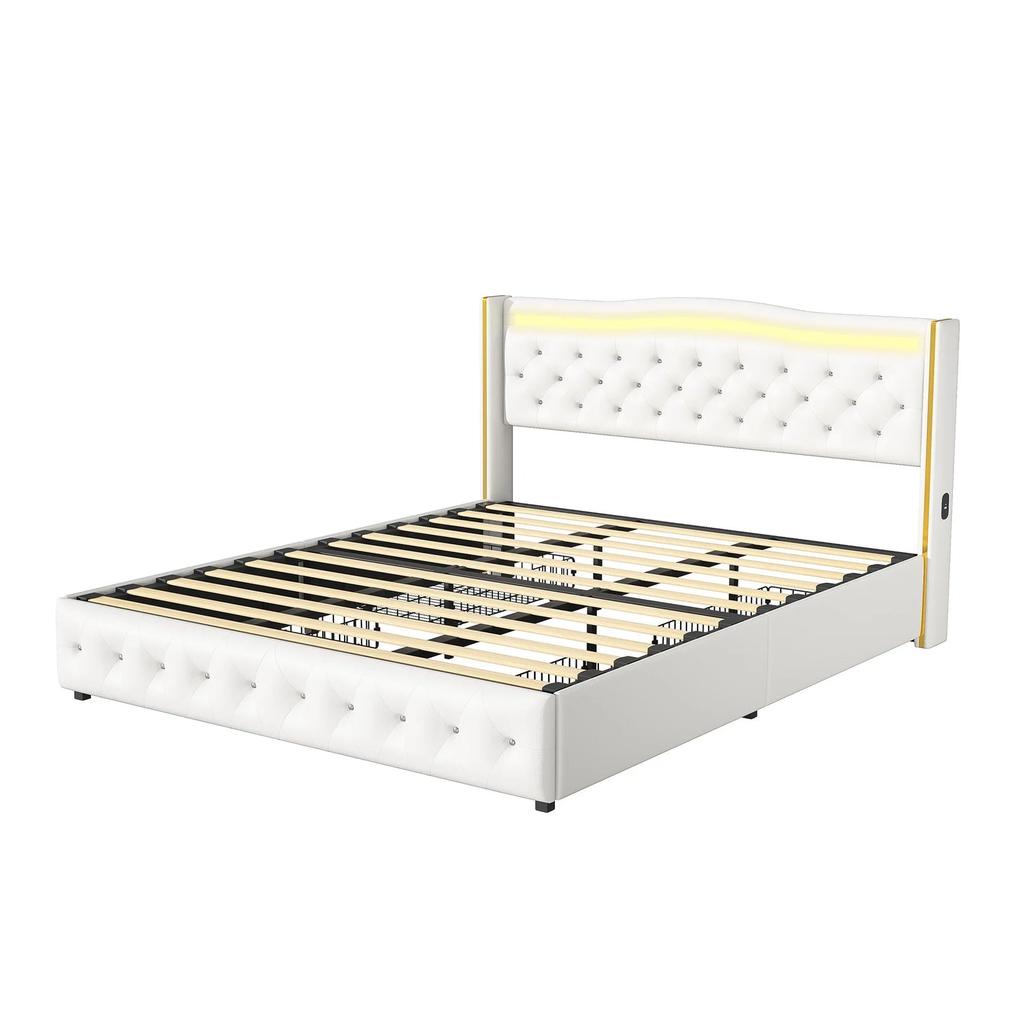 Lazyspace Diamond Embellishment Luxuriöses weißes PU-Polsterbett, Bettrahmen-Kopfteil mit bunten LED-Leuchten und USB-Anschluss