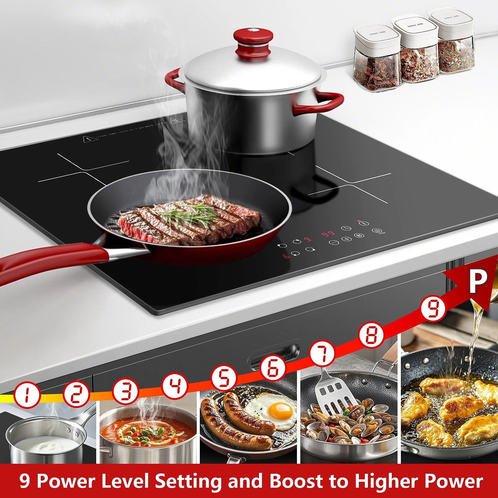 Induction Hob 4 Plates Built-in Electric Cooktop 60cm Booster Touch Control 6000W 9 Power Levels 1-99Minute Timer Child Lock.