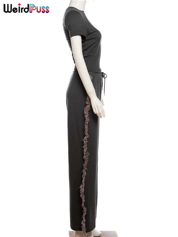 Weird Puss Casual Sporty 2 Piece Set Women Letter Embroidery Crop Tops+Side Tassel Straight Pants Matching Streetwear Tracksuits.