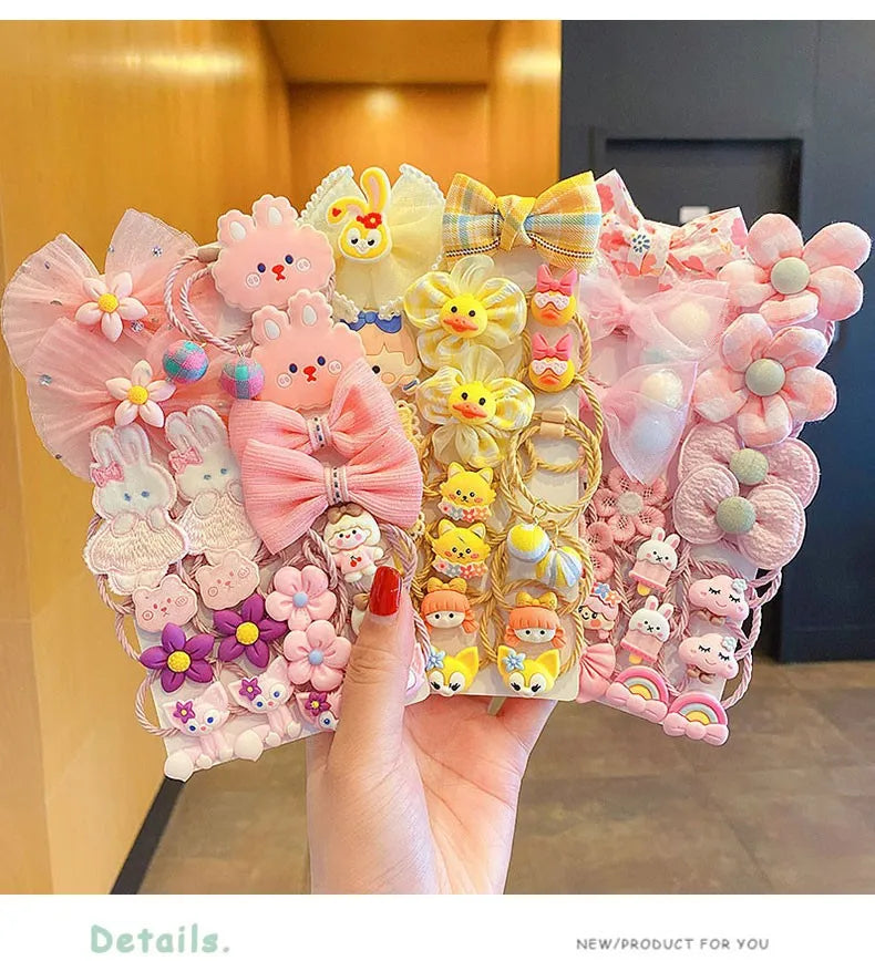 Kawaii Flower Bow Scrunchies Set Children Gift Girls Elastic Hair Rubber Bands Accessories Tie Hair Ring Rope Headdress Headwear.