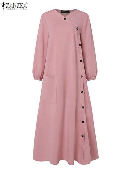 ZANZEA Muslim Casual Loose Long Dresses Textured O Neck Buttons Long Sleeve A-line Vestidos Women 2024 Islamic Hijab Abaya Robes.