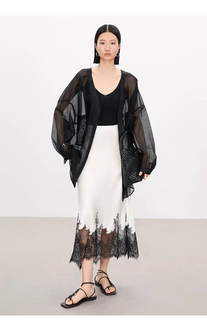 Mia Girl Elegant Satin Long Skirts for Women Oversize Lace Patchwork High Waist A-line Skirt French Style Summer Chic Lady Skirt.