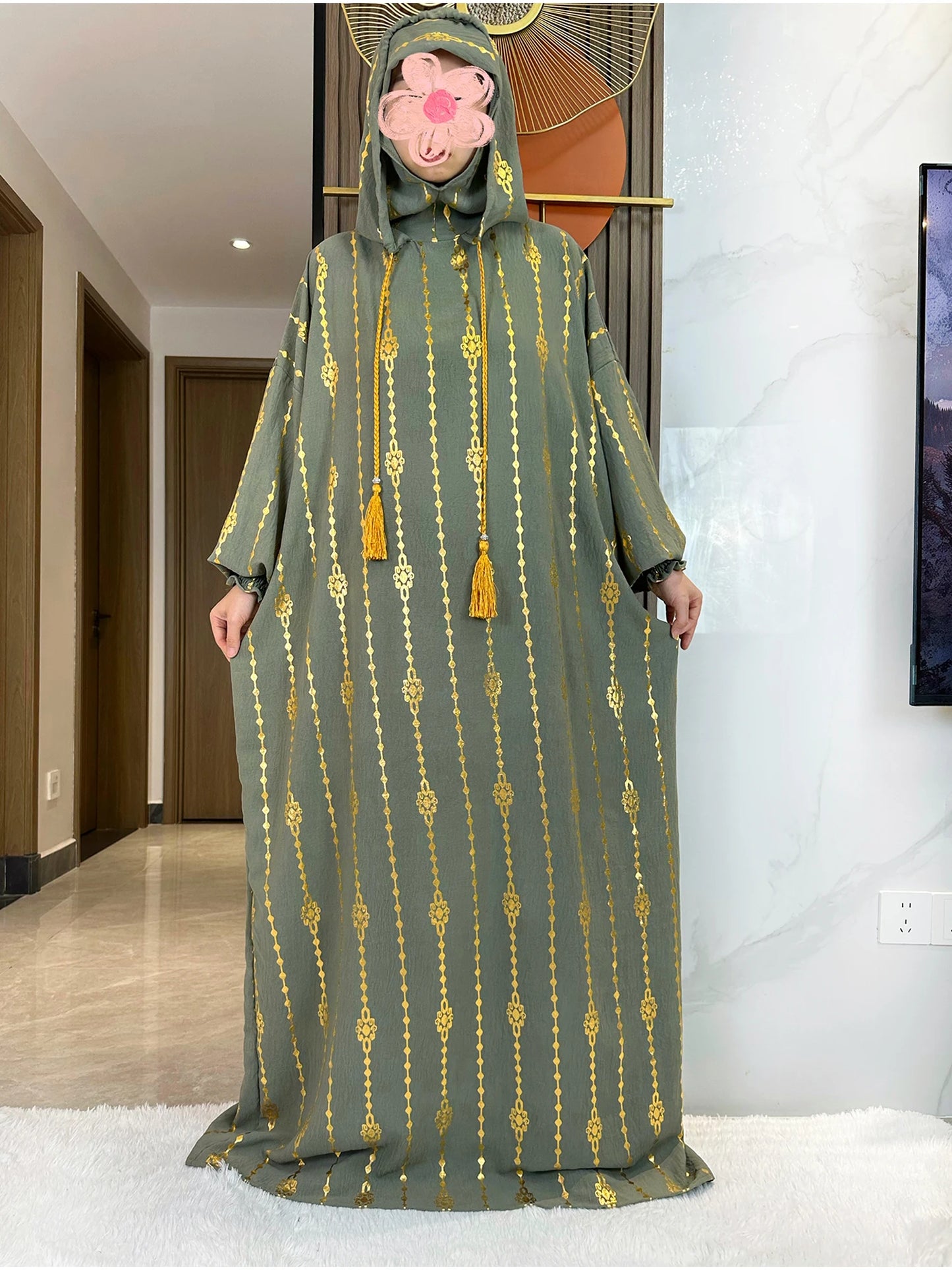 New Cotton Ramadan Muslim Two-Hat Abaya Dubai Turkey Islam Prayer Clothes Gold Dust   Dress Islam Women Dress Kaftan