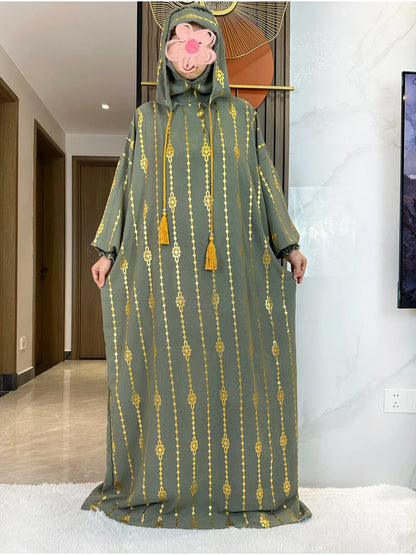 New Cotton Ramadan Muslim Two-Hat Abaya Dubai Turkey Islam Prayer Clothes Gold Dust   Dress Islam Women Dress Kaftan