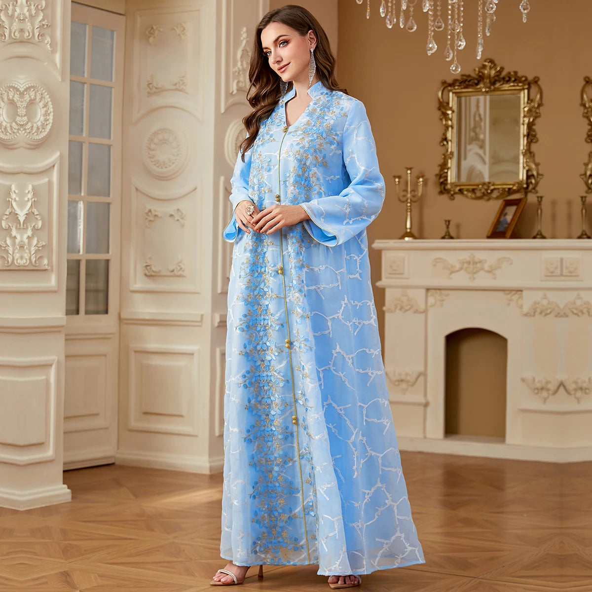 Uni Ramadan Dubai Woman’s Abayas Embroidered Sequin Floral Patter V-Neck Elegant Casual Kebaya Muslim Moroccan Long Dress.