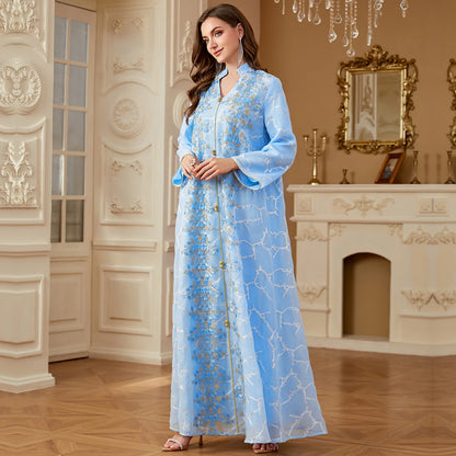 Uni Ramadan Dubai Woman’s Abayas Embroidered Sequin Floral Patter V-Neck Elegant Casual Kebaya Muslim Moroccan Long Dress.