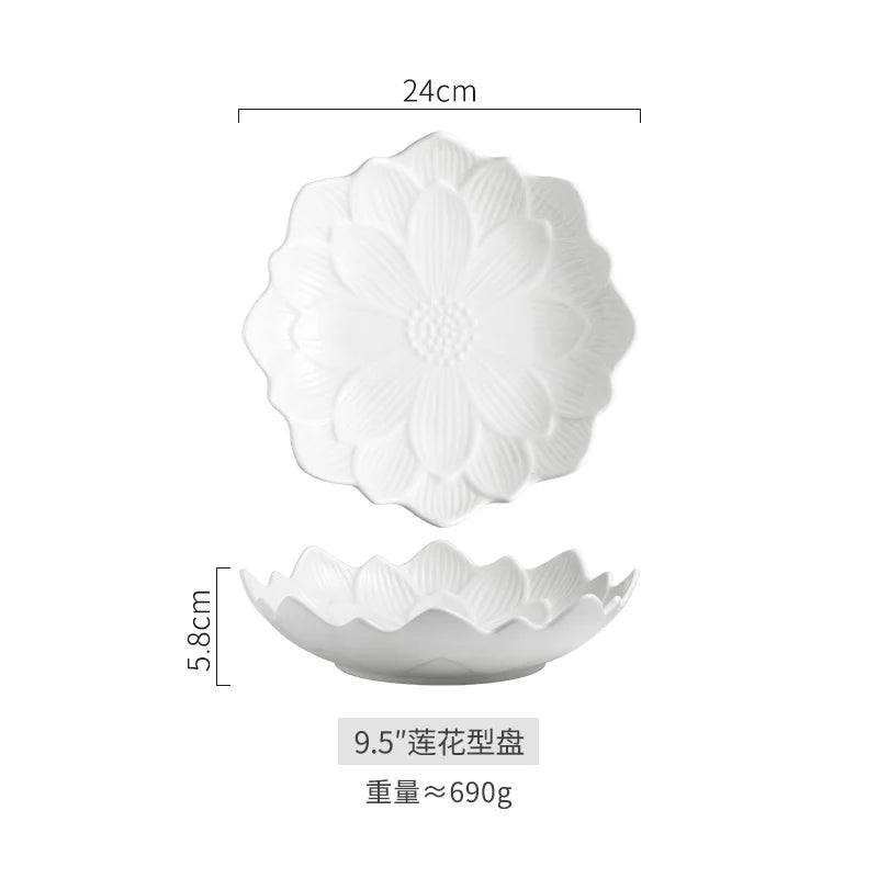 Chinese Lotus-like Ceramic Western Food Dish Household White Fruit Salad Bowl Dessert Plate Creative Restaurant Specialtableware.