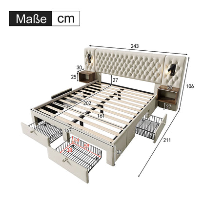 KOMHTOM Polsterbett mit 2 Nachttischen und 4 Schubladen, Kopfteil Leselicht mit USB-Ladefunktion, Samt (Ohne Matratze)
