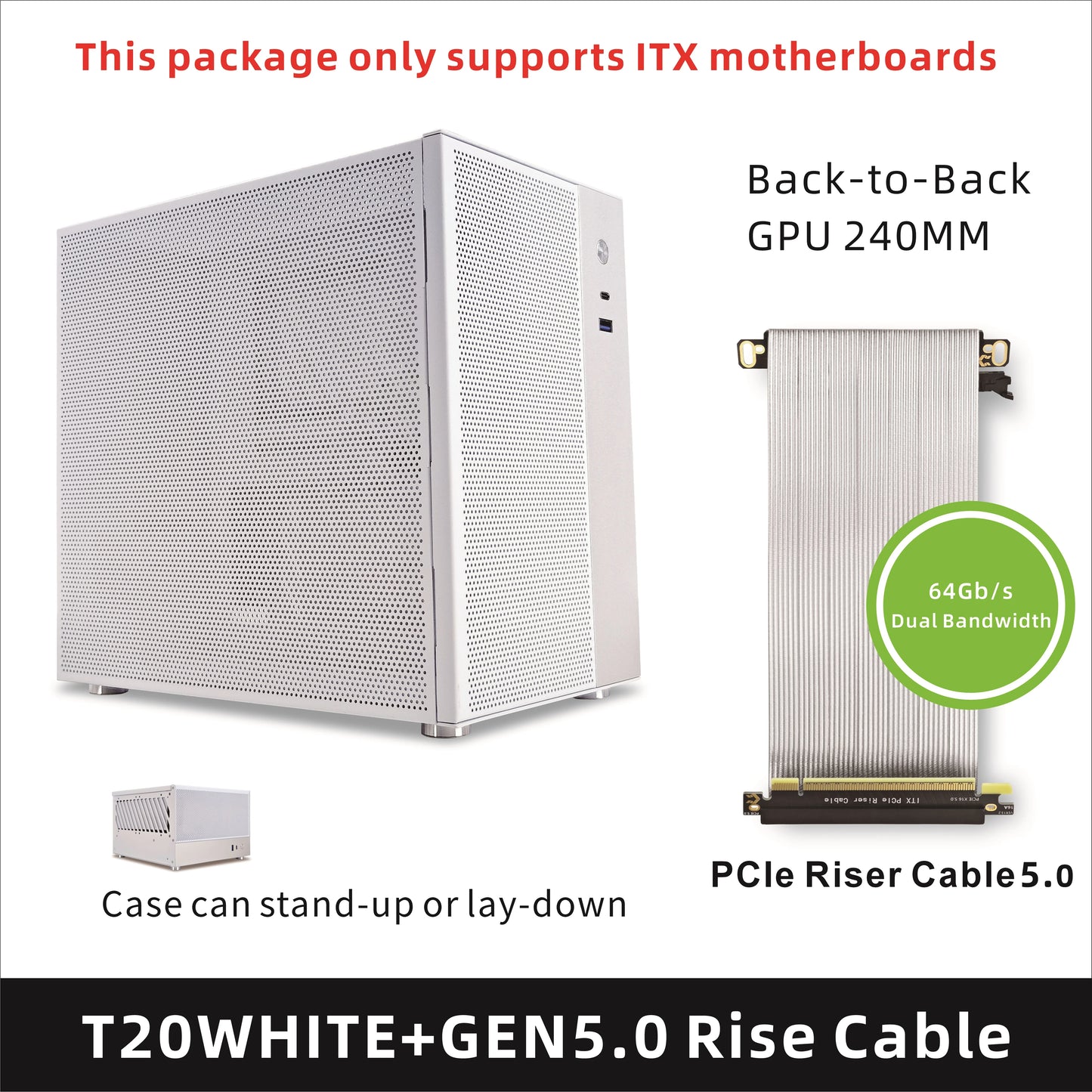 METALFISH T20 Mini ITX Case 9L Gaming Computer White Chassis Compact PC Support Flex PSU/100mm Cooler/180Liquid Cooler/240mm GPU