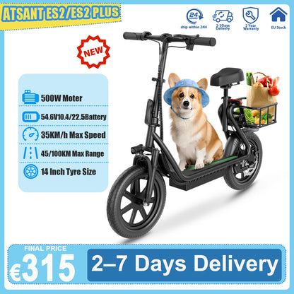 2025 New ATSANT ES2/ES2 PLUS Electric Scooter with Seat 500W 35KM/H 54.6V10.4/22.5Ah 45/100KM 14Inch Tyres With Smart APP EBlike.