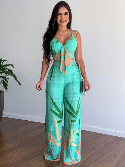 Elegant Two Piece Outfits For Women 2025 Sexy V-Neck Strap Backless Lace-up Slim Crop Top & Wide Leg Pants Sets Summer Lady Suit