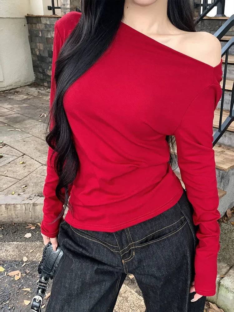 Slim Fit Long Sleeve T-Shirt Shoulder Bared One Shoulder Style Casual Streetwear for Young Women Fashionable And Stylish