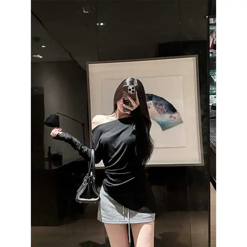 Sexy Long Sleeve T-Shirt Shoulder Bared Waist Cinched Slim Fit Knitted Cotton Solid Color Casual Urban Style for Early Autumn.