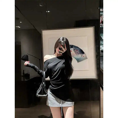 Sexy Long Sleeve T-Shirt Shoulder Bared Waist Cinched Slim Fit Knitted Cotton Solid Color Casual Urban Style for Early Autumn.