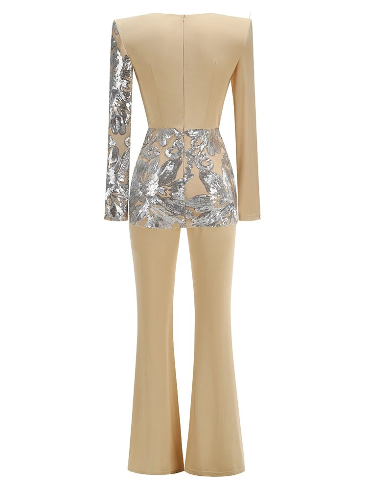 Sexy Deep V Neck Sparkly Diamonds Design Jumpsuit Women Long Sleeve Draped Wide Leg Jumpsuit Elegant Evening Club Costume Runway