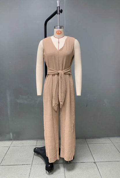 Summer High Waist Lace-up Jumpsuits Women 2025 New Sleeveless V-neck Side Pocket Solid Casual Jumpsuit Office Ladies Rompers.