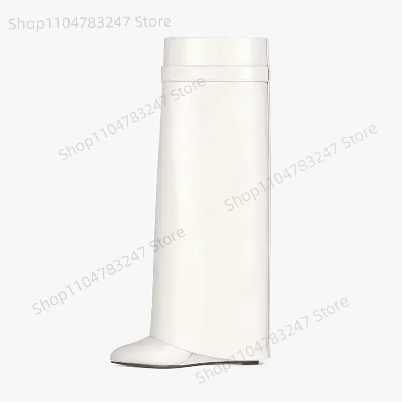 2025 Autumn Winter Lock Boots Women Designer Knee Boots Women Brand High Heel Knight Boots Fold Fashion Gothic Wedge Long Boot.