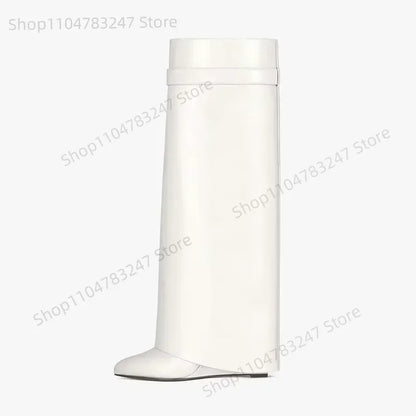 2025 Autumn Winter Lock Boots Women Designer Knee Boots Women Brand High Heel Knight Boots Fold Fashion Gothic Wedge Long Boot.