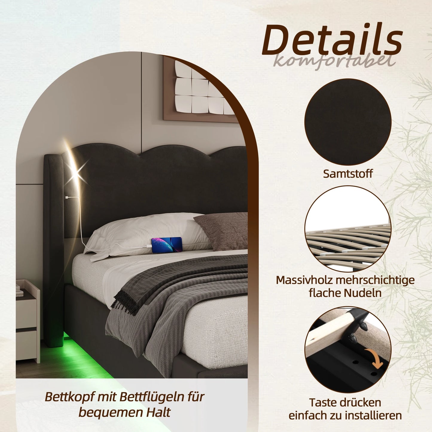 Gepolstertes Doppelbettrahmenpaneel, flache Nudelrahmenhalterung aus Wellpappe, mit LED-Licht, USB+C-Schnittstellenaufladung, 160 cm × 200 cm