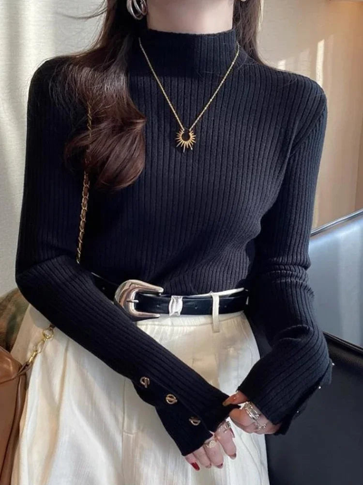 2025, weibliche Casual Tops Pullover Frauen Herbst Winter Gestrickte Dünne Pullover Feste Taste Volle Hülse Halb Hohen Kragen Pullover