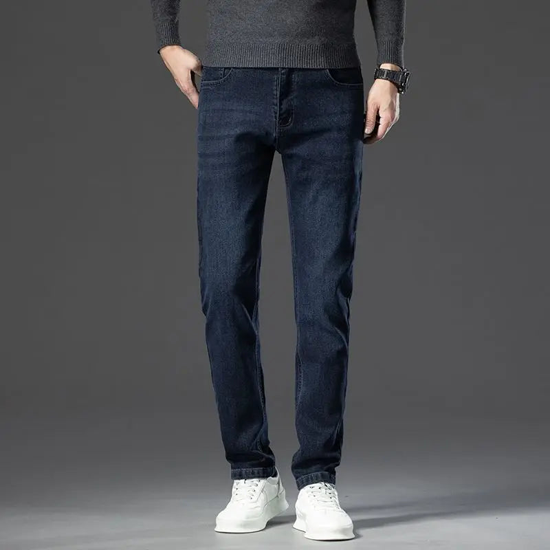 Autumn New Men's Business Jeans High Elasticity Straight Denim Trousers Men's Pants Work Clothes Haze Blue Black Gray Brand.