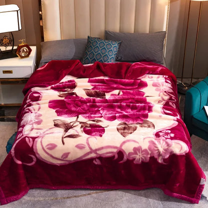 Mink Fleece Blanket King Size 3-Ply Reversible A & B Printed Soft Plush Bed Blanket Heavy Thick Winter Warm Blanket Pink Floral.