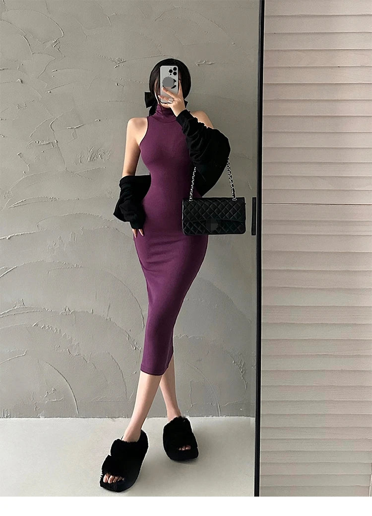 Rot Dünne Sexy Rollkragen Midi Kleid Frauen Abend Party Damen Elastische Hüfte Wrap Elegante Bodycon Kleider Y2k Kleidung.