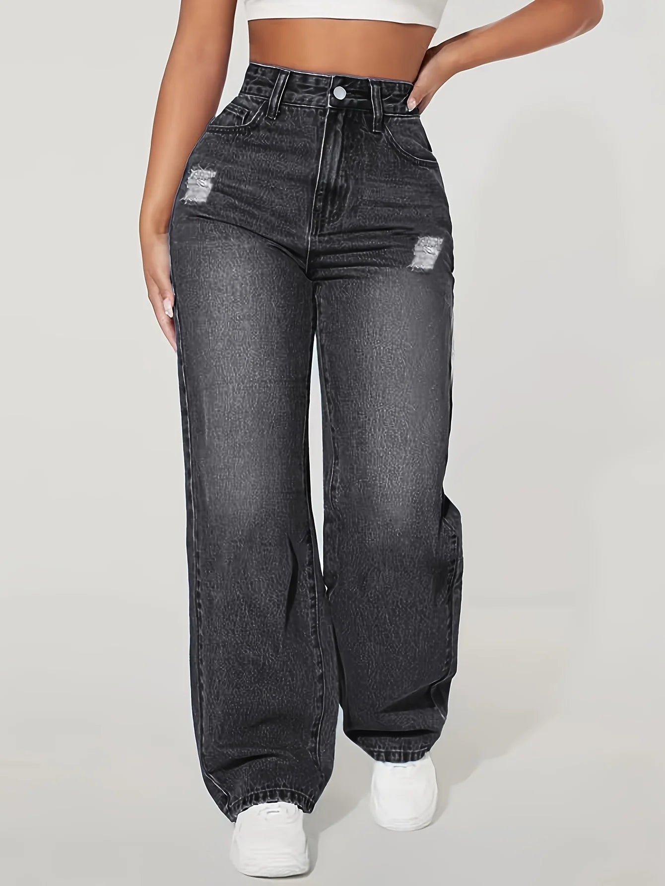 Loose Fit Elastic Fashionable Wide Leg Jeans, Blue Distressed Loose Wide Leg Jeans.