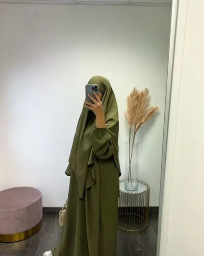 Eid Muslim Women Long Khimar 2 Piece Set Abaya Dress Prayer Garment Hijab Full Cover Islamic Ramadan Kaftan Djellaba 2023.