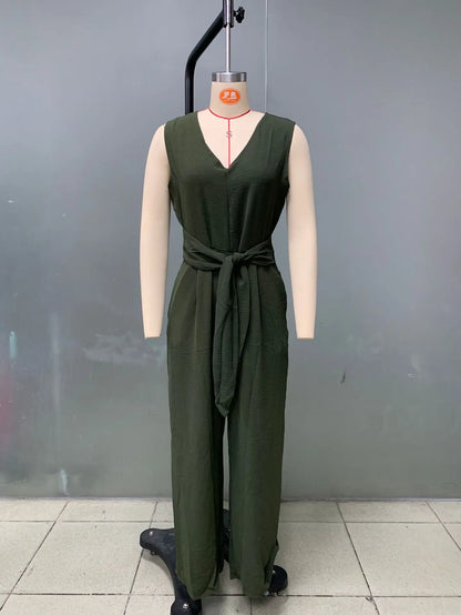 Summer High Waist Lace-up Jumpsuits Women 2025 New Sleeveless V-neck Side Pocket Solid Casual Jumpsuit Office Ladies Rompers.