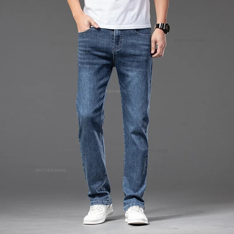 Spring Summer Thin Men's Classic Jeans Elastic Loose Straight Cotton Casual Denim Trousers Brand Clothing Business Male Pants.