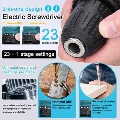 2in1 Akku-Elektroschrauber Bohrer Bürstenloser Motor 45/55 Nm Drehmoment Stufenlose Geschwindigkeitsregelung Hand-Lithium-Treiber-Bohrmaschine
