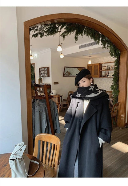 Mode Schwarz Lange Woolen Mantel Mit Gürtel Frauen Lose Revers Mantel Herbst Winter Warme Dame Oberbekleidung High Street