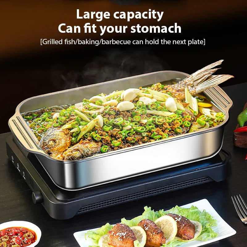 Stainless Steel Grilled Fish Pan Large Capacity with Lid Oven BBQ Plate Easy To Clean Rectangular Roaster Pan Fried Beef Seafood.